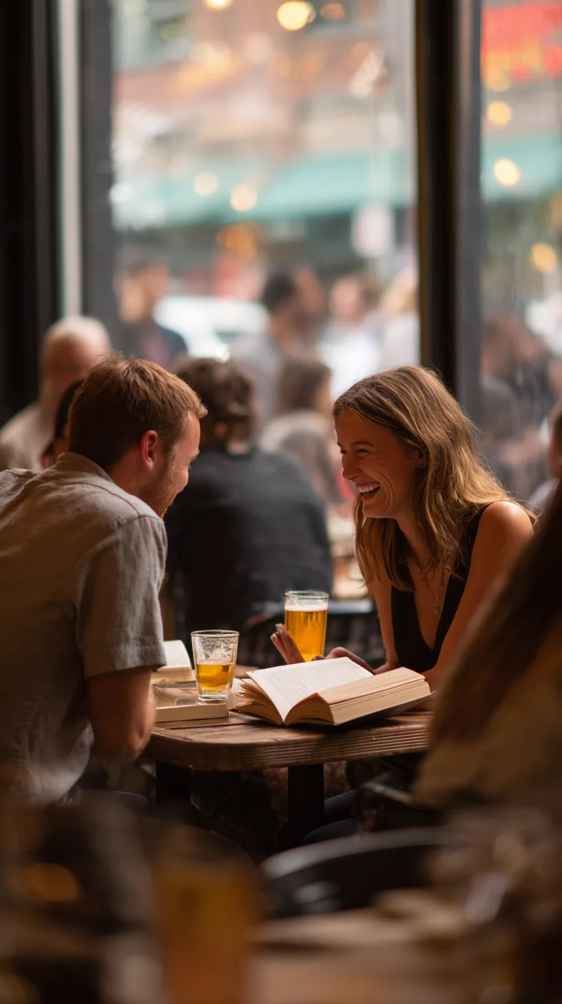 Two people laughing over an open book at a café table