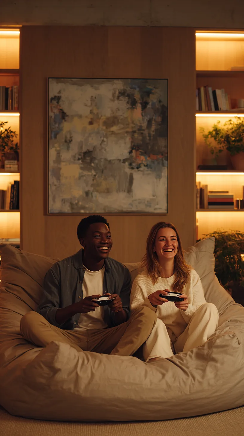 Two friends laughing on a sofa with game controllers