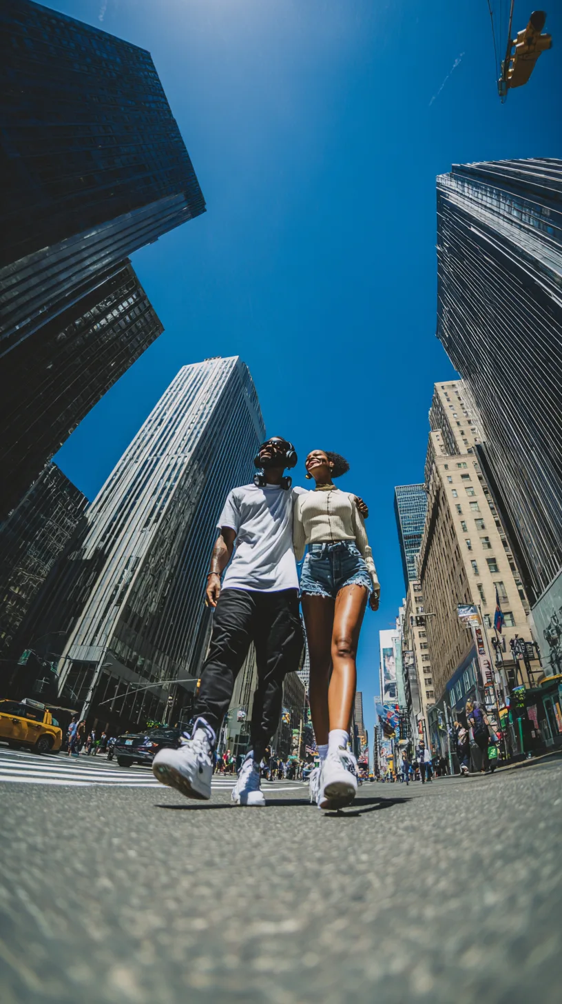 A couple walking between tall buildings, sharing headphones